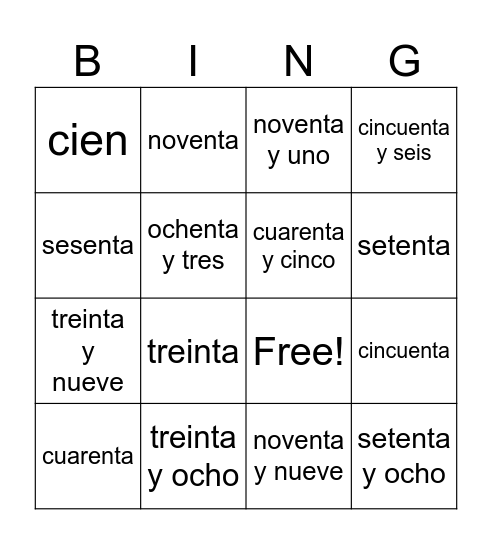Números 31-100 Bingo Card