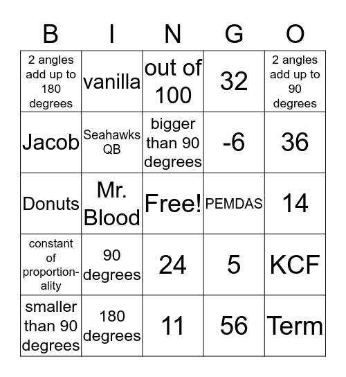 Jacob's Bingo Card