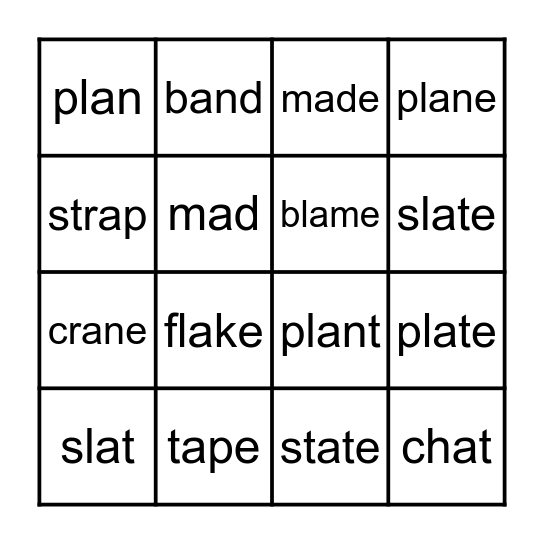 Short A and A-E Word Bingo Card