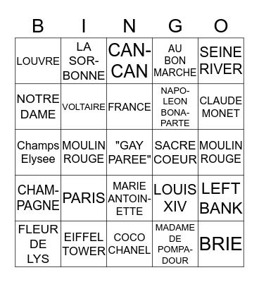 PARIS PARTY BINGO Card