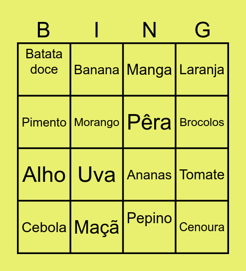 Frutas e Legumes Bingo Card