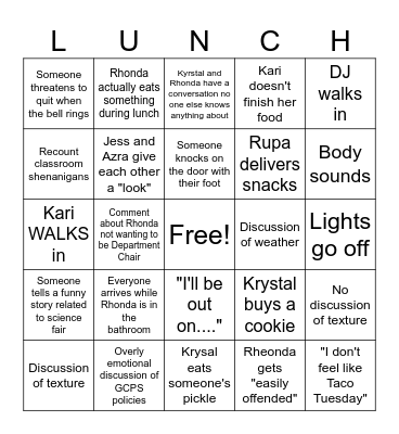 Lunch Bunch Bingo Card
