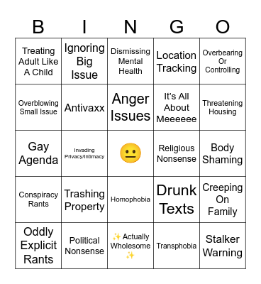 Insane Parents Bingo Card
