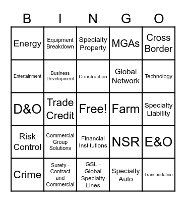 Specialty Solutions Bingo Card