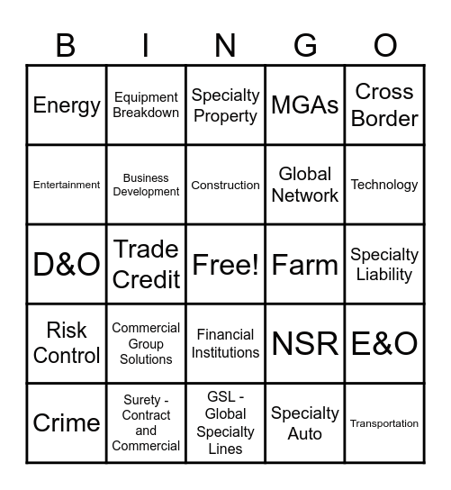 Specialty Solutions Bingo Card