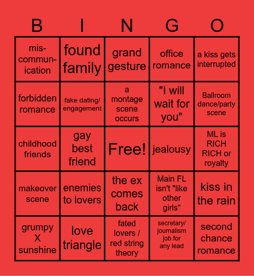 Romance Movie Bingo Card