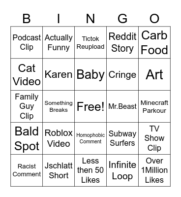 YouTube Short Bingooooo Bingo Card