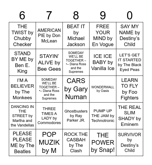 Muziek Bingo 60s-00s 2I GET AROUND by The Beach BoysI GET AROUND by The Beach Boys Bingo Card