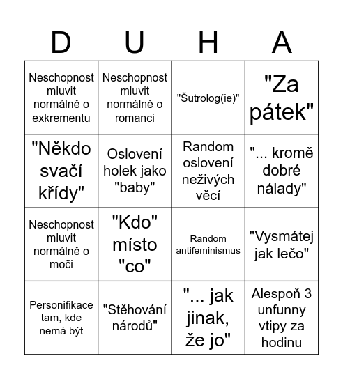 Duha Bingo Card