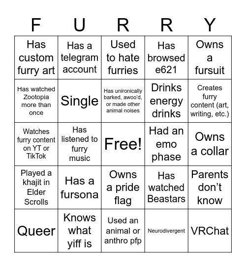 Furry Bingo Card
