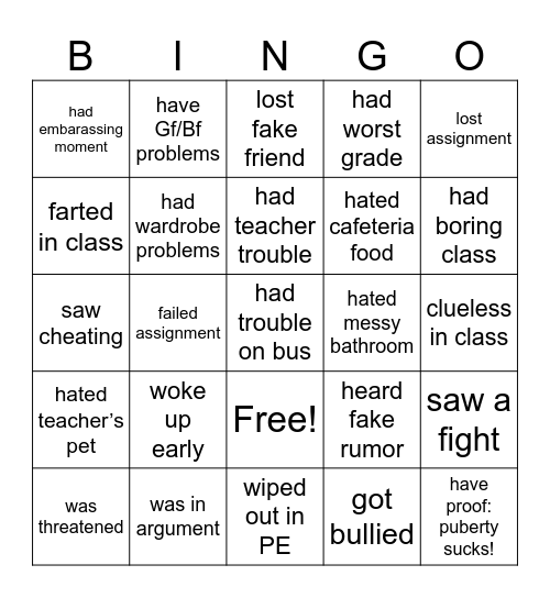 School Is Drama!! Bingo Card