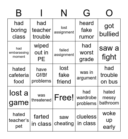 School Is Drama Bingo Card