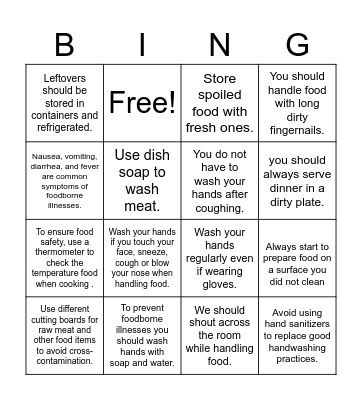 Food Safety Bingo Card