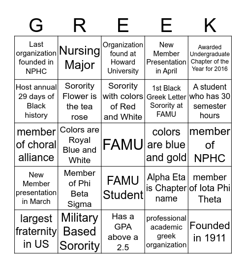 FAMU Greek Life Bingo Card