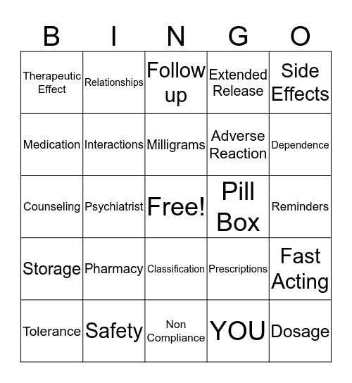 Medication Compliance Bingo Card