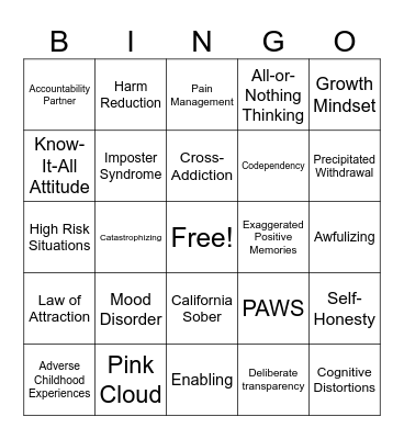 Relapse Prevention Bingo Card