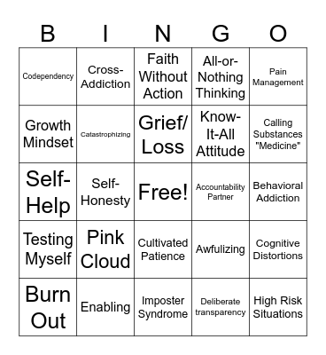 Relapse Prevention Bingo Card