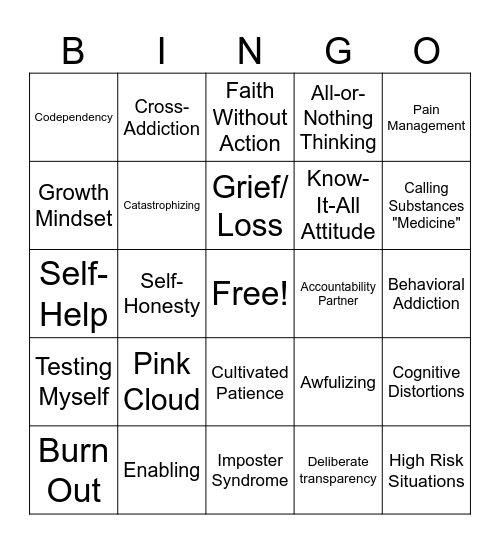 Relapse Prevention Bingo Card
