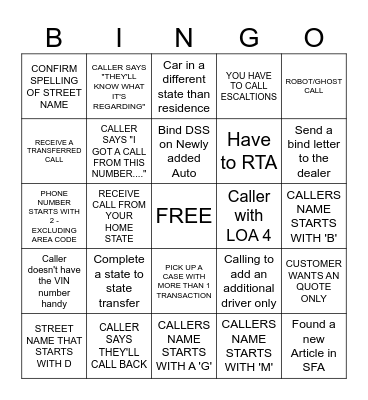 Call Center Bingo Card