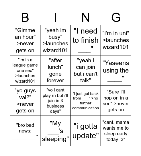 Excuse Bingo Card