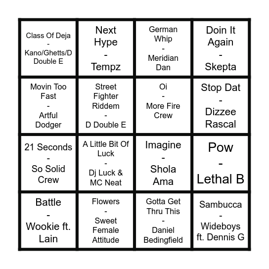 Garage & Grime Bingo Card