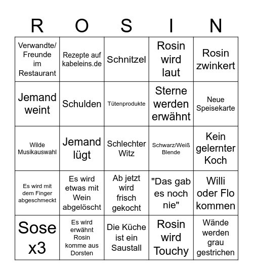 Rosins Restaurants Bingo Card