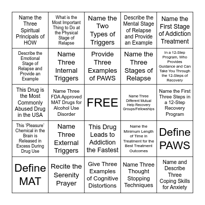 Recovery Themed Bingo Card