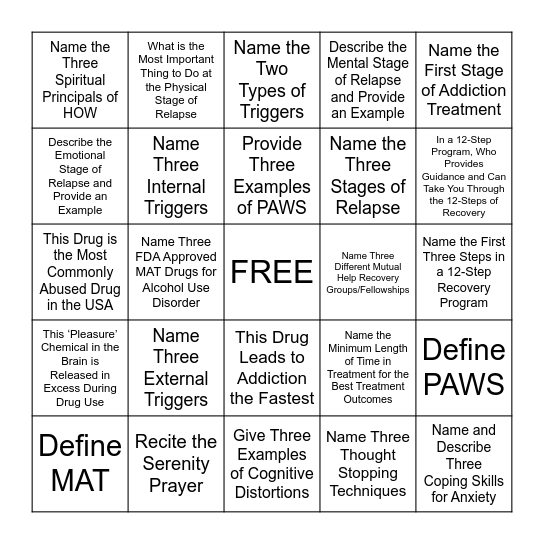 Recovery Themed Bingo Card