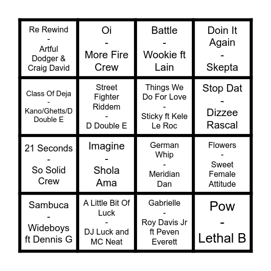 Garage & Grime Bingo Card