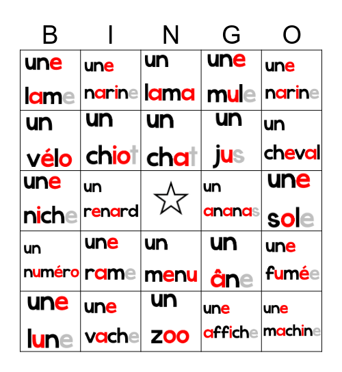 UN et UNE Bingo Card