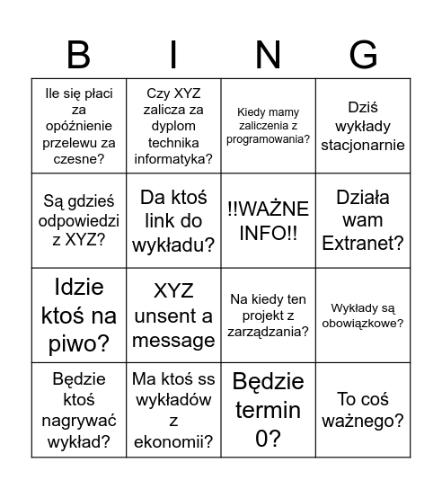 Bingo WSB zaoczne Bingo Card