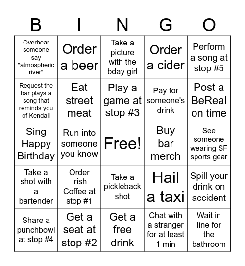 Bar Crawl Bingo Card