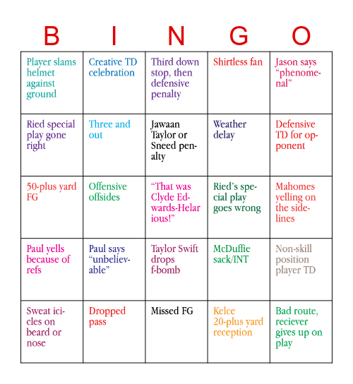 Chiefs Wild Card Game Bingo Card