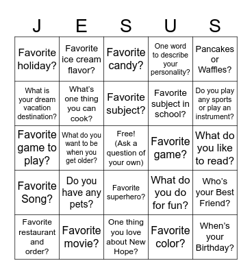 New Hope Bingo Card