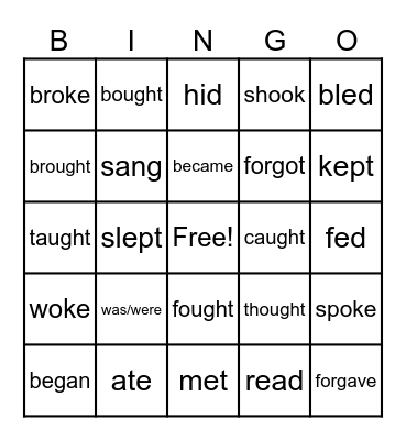 irregular verbs Bingo Card