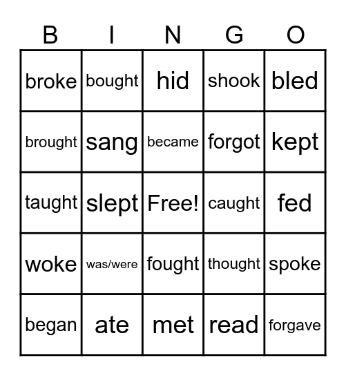 Irregular Verbs Bingo Card