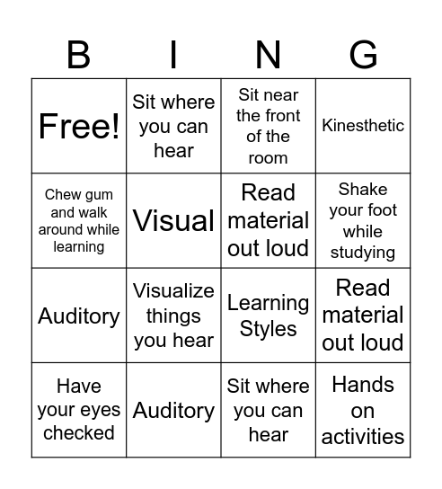 Learning Style Bingo Card