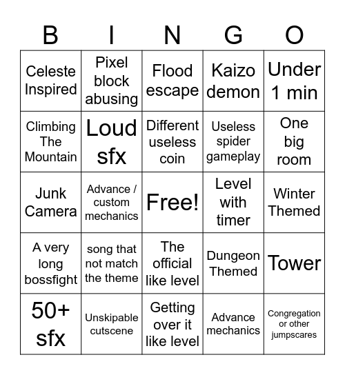 Platformer level bingo Card