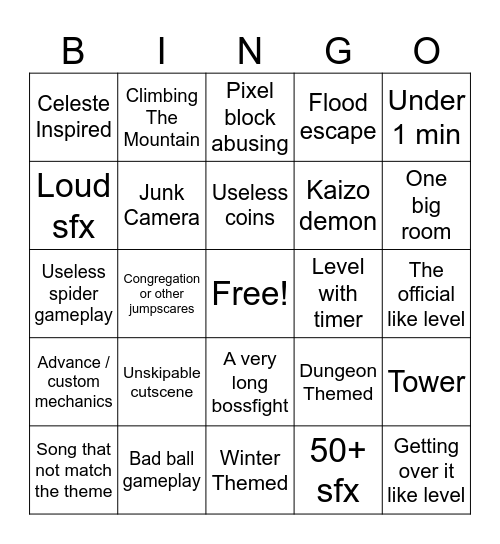 Platformer level bingo Card