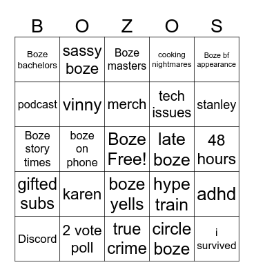 Boze Bingo Card