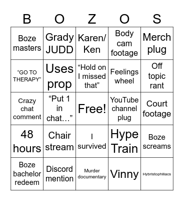 BOZE BINGO Card