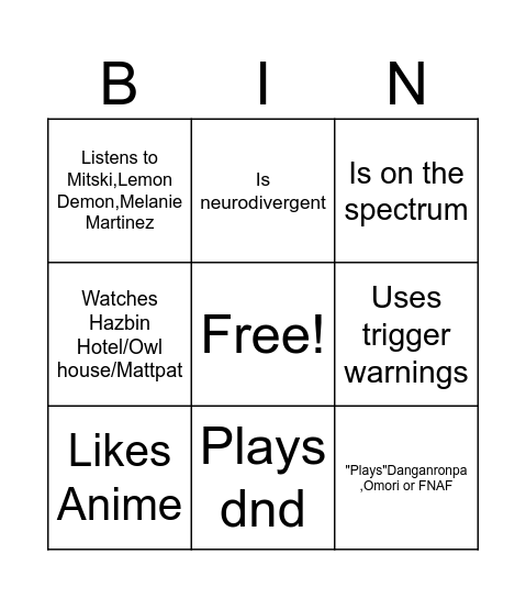 Sword Bingo Card