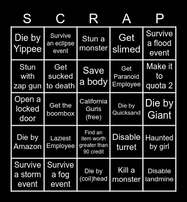 Lethal Company Bingo Card