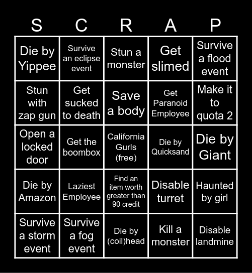 Lethal Company Bingo Card