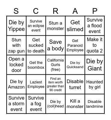 Lethal Company Bingo Card