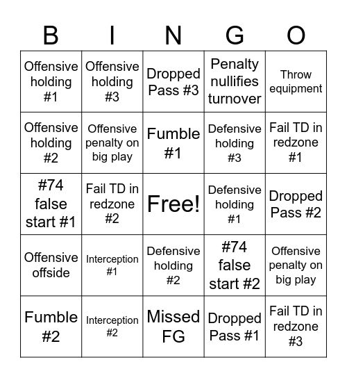 Chiefs Bingo Card