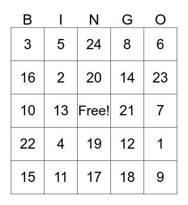 Number Bingo Card