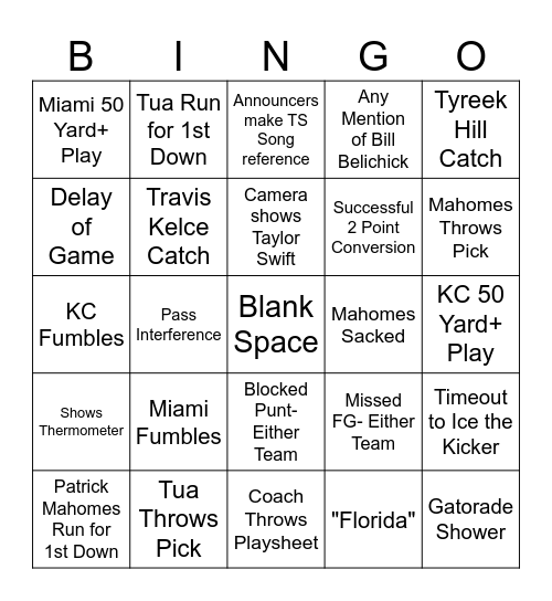 Chiefs vs Dolphins Bingo Card