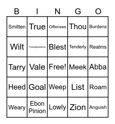 Hymn Vocabulary Words Bingo Card