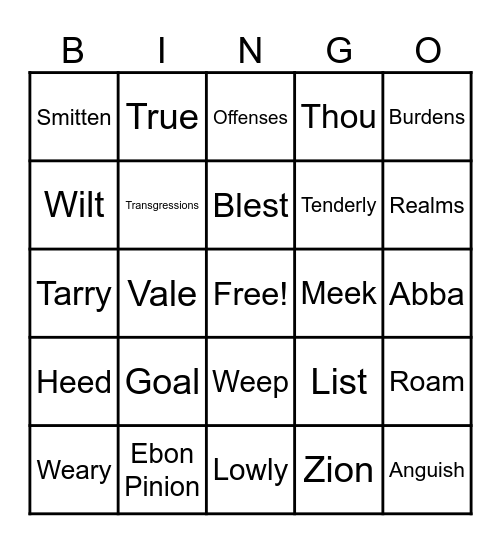 Hymn Vocabulary Words Bingo Card